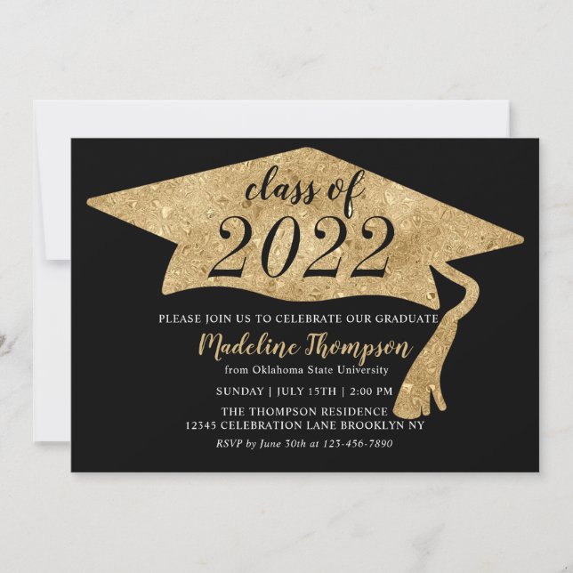 Modern Simple Black Gold Graduation Hat Party Invi Invitation (Front)