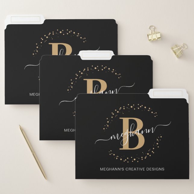 Modern Simple Black Gold Monogram Business  File Folder (Set)