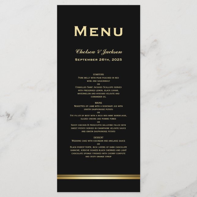 Modern Simple Black Gold Wedding Menu (Front)