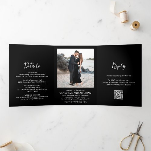 Modern Simple Black Goth QR Code Photo Wedding Tri_Fold Invitation