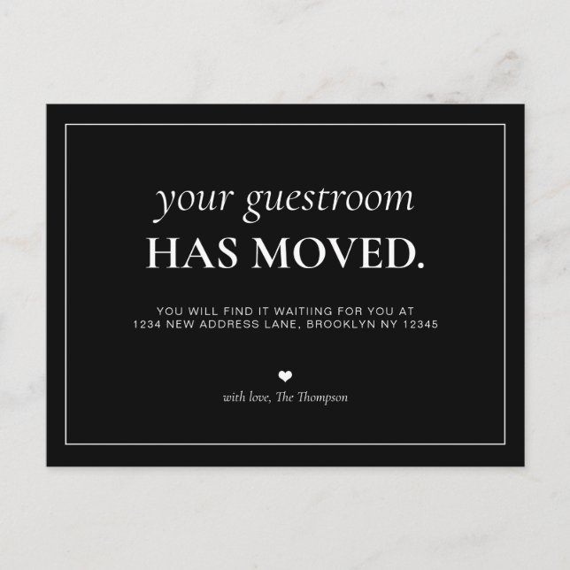 Modern Simple Black Guest Room We've Moved Moving Announcement Postcard (Front)