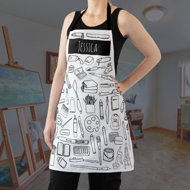 Modern Simple Black Line Art Supplies Artist Smock Apron (Creator Uploaded)