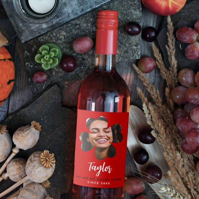 Modern Simple Black Lucky In Love Clover Photo Wine Label (Creator Uploaded)