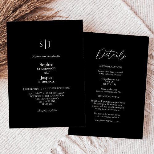 Modern Simple Black Monogram All In One Wedding Invitation