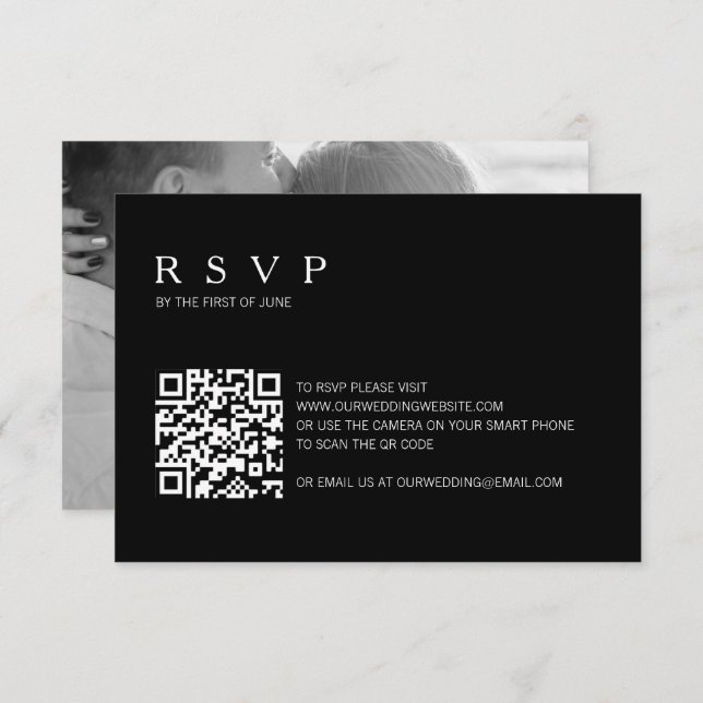 Modern Simple Black Photo QR Code Wedding RSVP Card (Front/Back)
