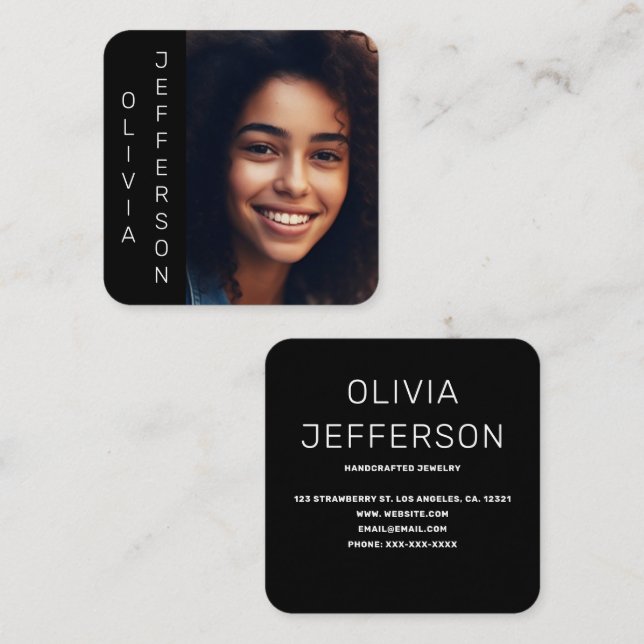 Modern Simple Black Photo Square Business Card (Front/Back)