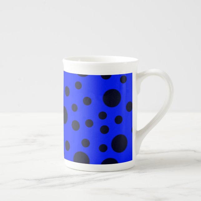 Modern Simple Black polka dot on Blue pattern Bone China Mug (Right)