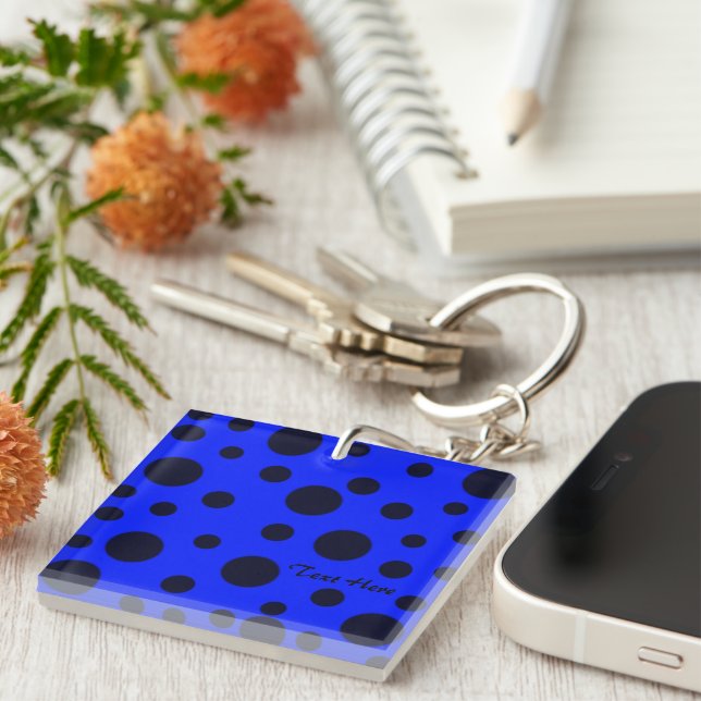 Modern Simple Black polka dot on Blue pattern Keychain (Front Right)