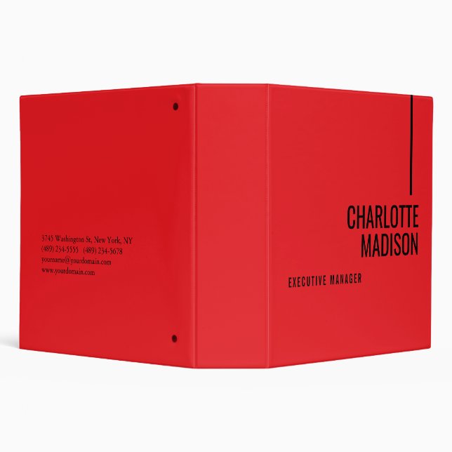 Modern Simple Black Red Minimalist Two Sided 3 Ring Binder (Background)
