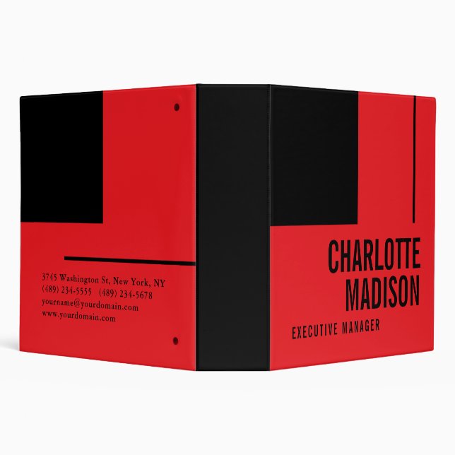Modern Simple Black Red Minimalist Two Sided 3 Ring Binder (Background)