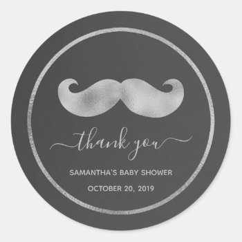 Modern Simple Black Silver Mustache Thank You Classic Round Sticker by melanileestyle at Zazzle