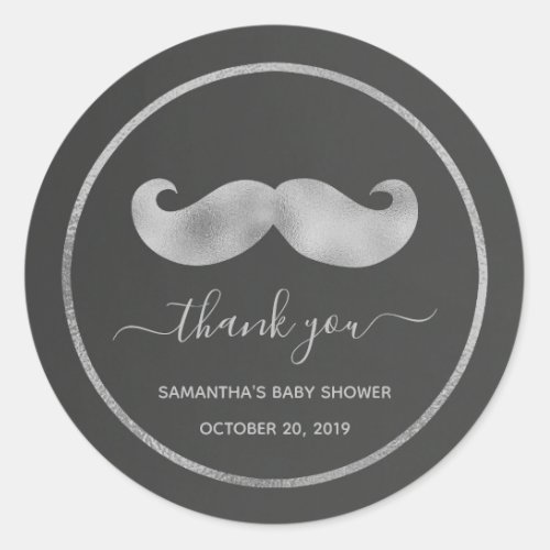 Modern Simple Black Silver Mustache Thank You Classic Round Sticker