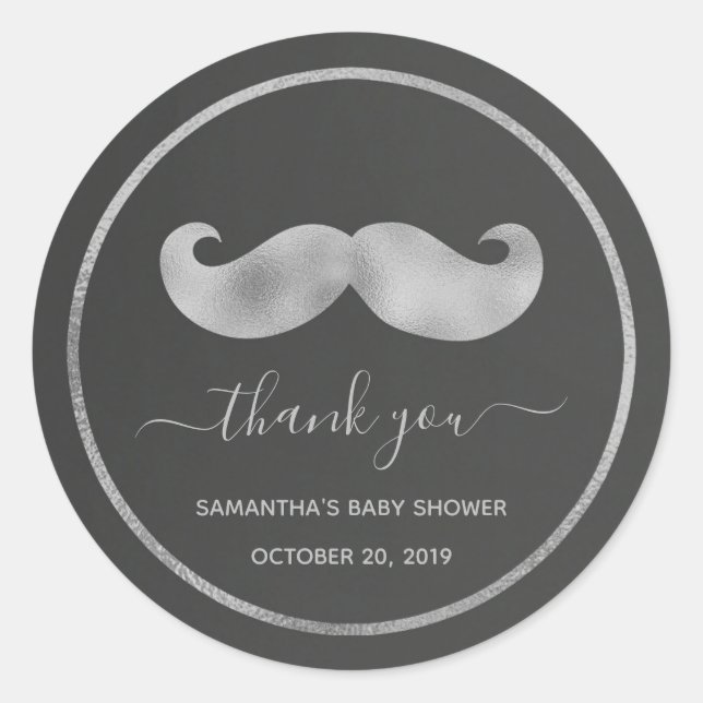 Modern Simple Black Silver Mustache Thank You Classic Round Sticker (Front)
