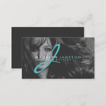 Modern Simple Black Teal Hair Stylist Professional Business Card by busied at Zazzle