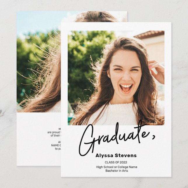 Modern simple black white 2 photos graduation announcement (Front/Back)