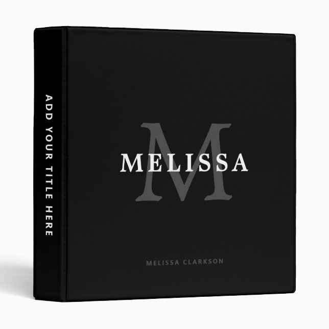 Modern Simple Black White and Gray Monogram Name 3 Ring Binder (Front/Spine)