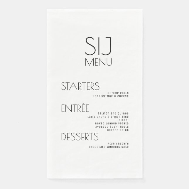 Modern Simple Black White Bold Wedding Menu Paper Guest Towels (Front)