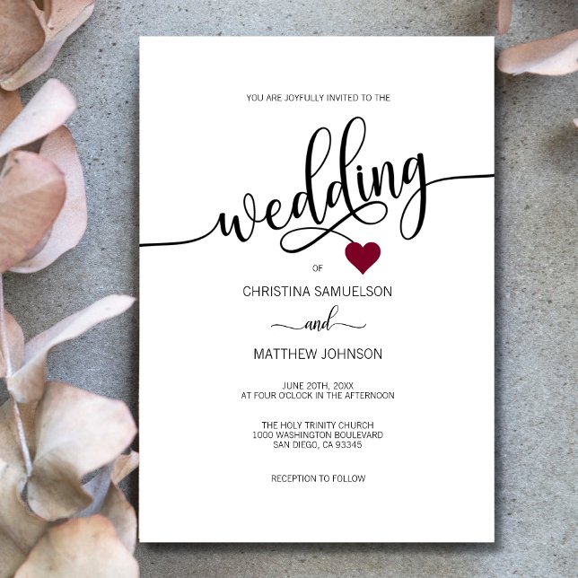 Modern Simple Black, White BURGUNDY Heart Wedding Invitation (Creator Uploaded)