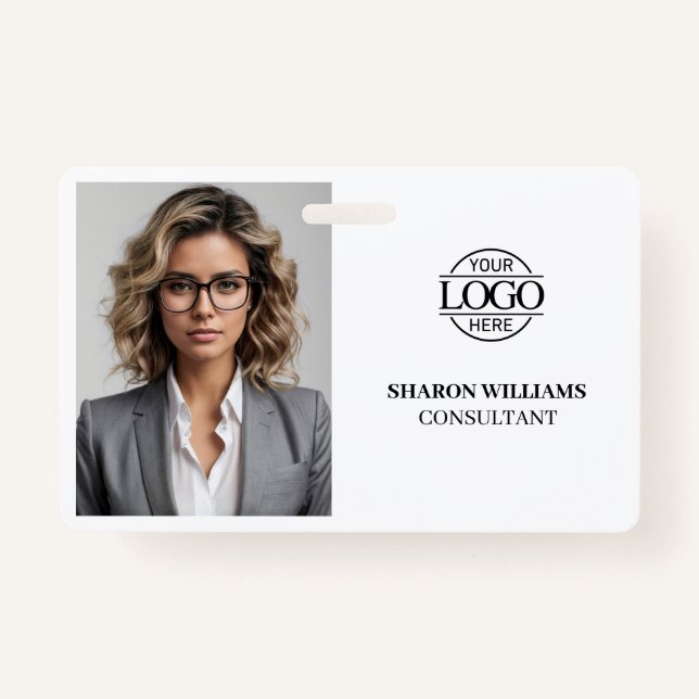 Modern Simple Black & White Company Employee Photo Badge (Front)