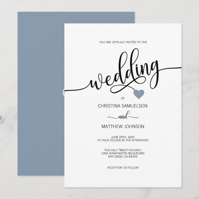 Modern Simple Black White Dusty Blue Heart Wedding Invitation (Front/Back)