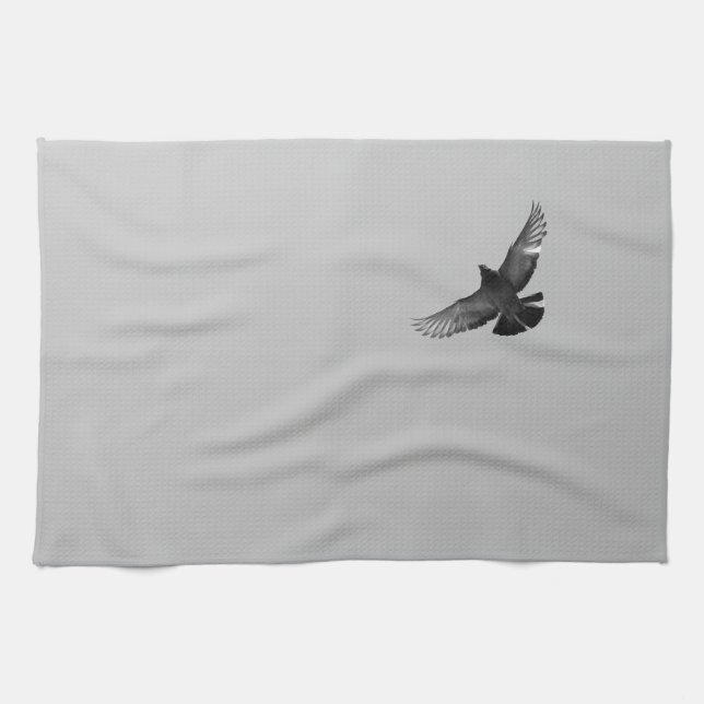 Modern simple black white flying bird pigeon photo kitchen towel (Horizontal)