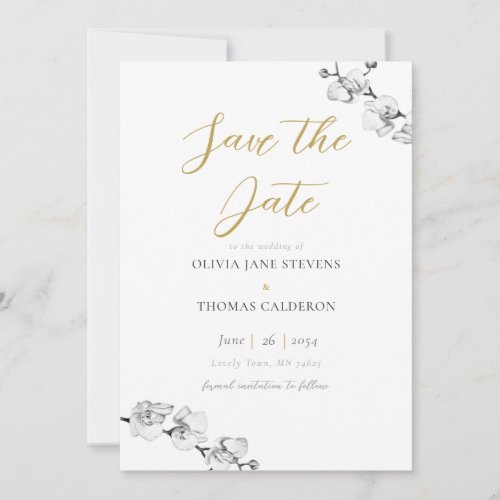 Modern Simple Black White Gold Orchid Wedding Invitation