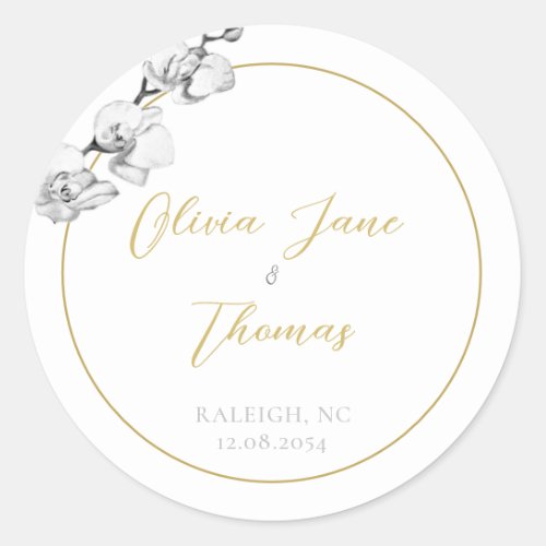 Modern Simple Black White Gold Orchids Wedding Classic Round Sticker