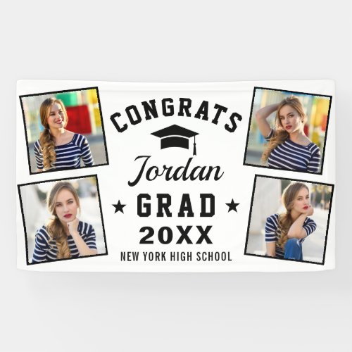 Modern Simple Black White Graduation Party 4 PHOTO Banner