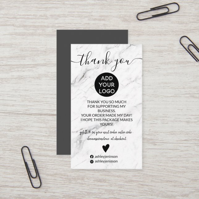 Modern simple black white marble order thank you business card (Front/Back In Situ)