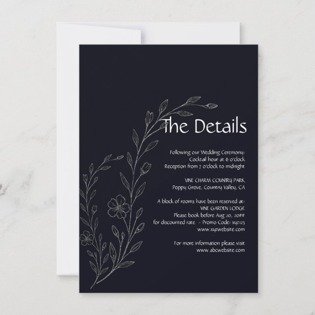 Modern simple black & white minimalist floral vine save the date (Front)