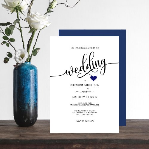 Modern Simple Black White Navy Blue Heart Wedding Invitation