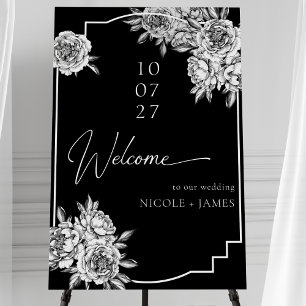 Modern Simple Black White Peonies Wedding Welcome Foam Board