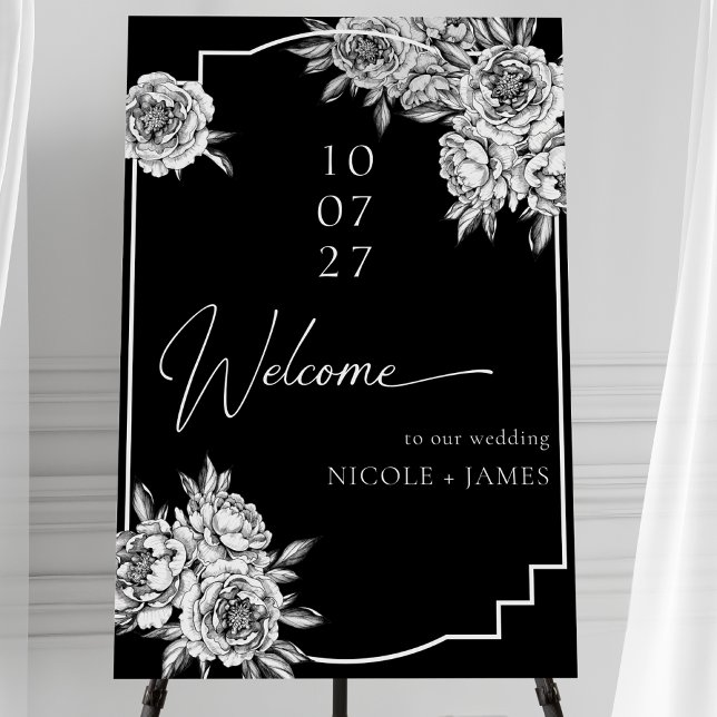 Modern Simple Black White Peonies Wedding Welcome Foam Board (Creator Uploaded)