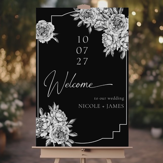 Modern simple black white peonies wedding welcome foam board (Creator Uploaded)
