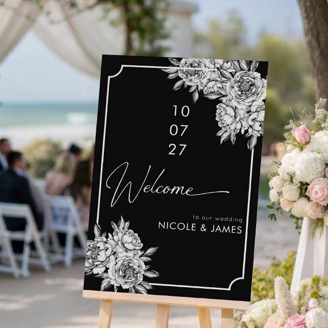 Modern simple black white peonies wedding welcome foam board (Creator Uploaded)