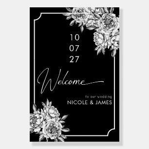 Modern simple black white peonies wedding welcome foam board