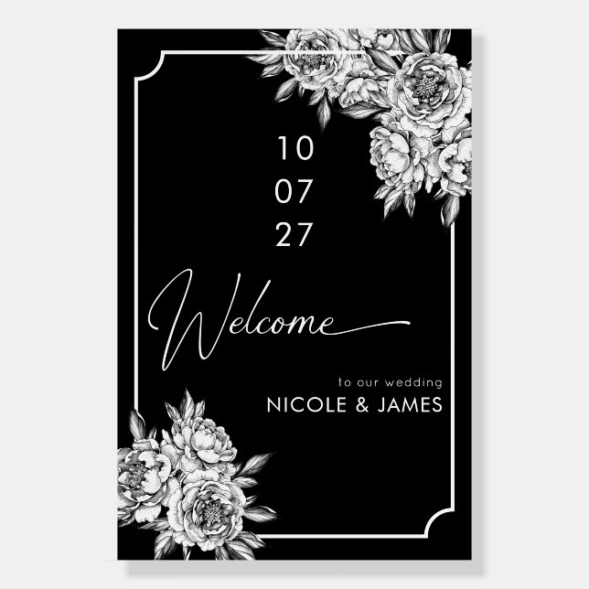 Modern simple black white peonies wedding welcome foam board (Front)
