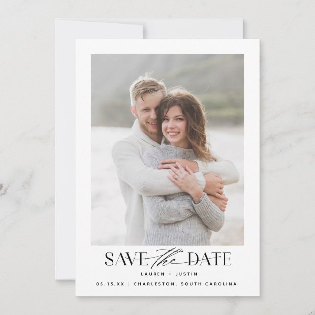 Modern Simple Black & White Photo Wedding Save The Date (Front)