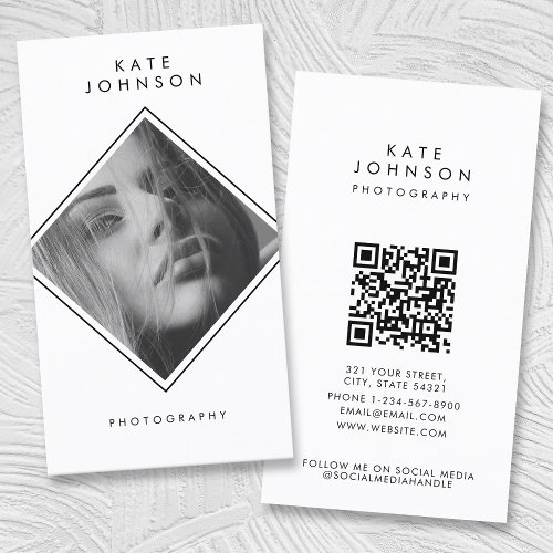 Modern Simple Black  White Photography QR Code  Business Card