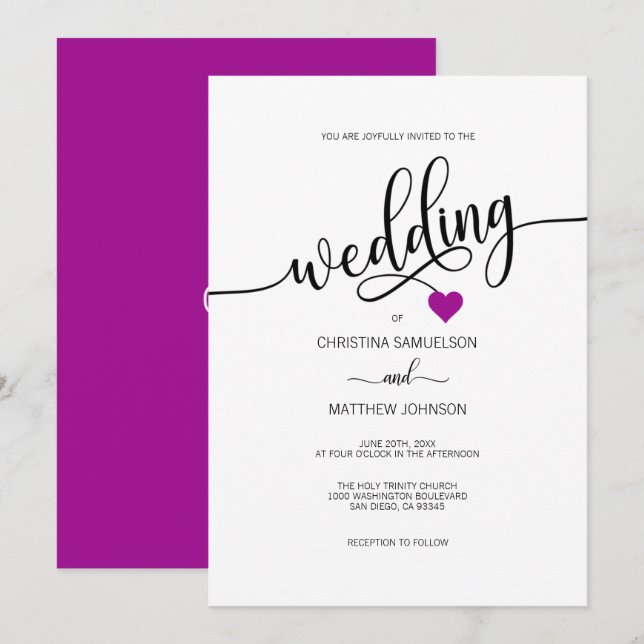 Modern Simple Black, White Purple Heart Wedding Invitation (Front/Back)