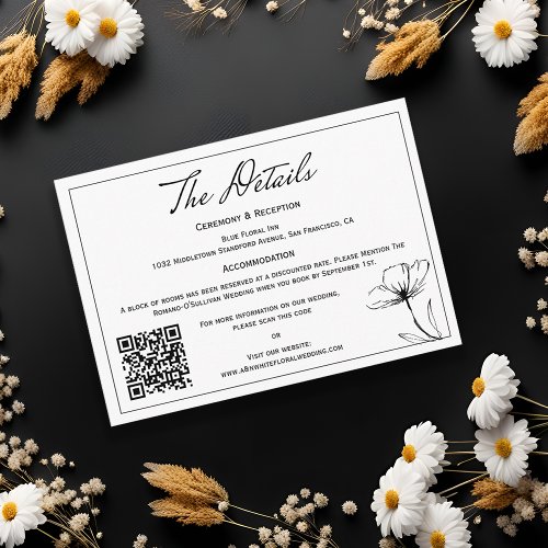 Modern Simple Black White QR code Wedding Details  Enclosure Card