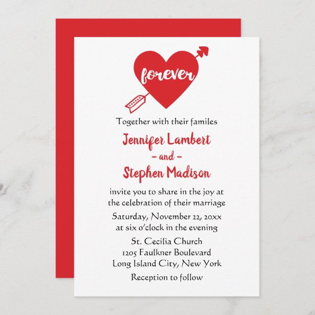 Modern Simple Black, White Red Heart Wedding Invitation (Front/Back)