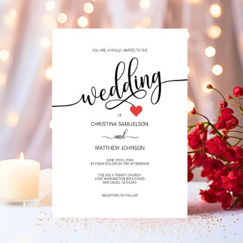Modern Simple Black  White Red Heart Wedding Invitation by UniqueWeddingShop at Zazzle
