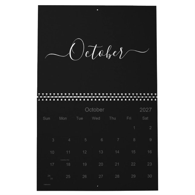 Modern simple black white script month 2024 calendar (Oct 2027)
