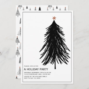 Modern Simple Black White Tree Holiday Party Invit Invitation