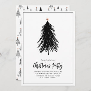 Modern Simple Black White Tree Holiday Party Invitation
