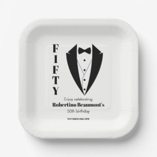 Modern Simple Black White Tuxedo 50th Birthday Paper Plates