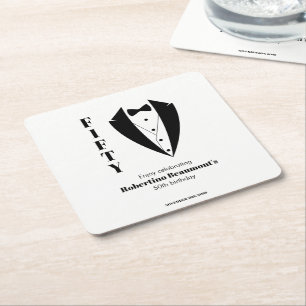 Modern Simple Black White Tuxedo 50th Birthday Square Paper Coaster
