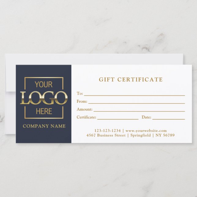 Modern Simple Blue Business Logo Gift Certificate (Front)
