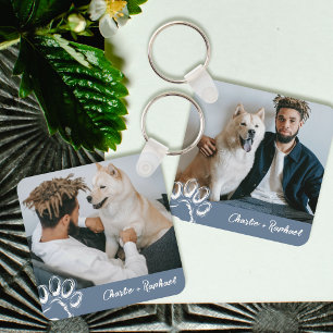 Modern Simple Blue Dog Lover Pet Photo Paw Print Keychain